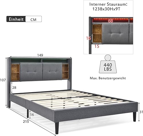 KOMHTOM Lit Rembourré avec éclairage LED, Lit Double avec Espace de Stockage, Cadre de lit, Sommier à Lattes en Bois, Moderne(sans Matelas) (140x200cm-A) - Nail Gallerys