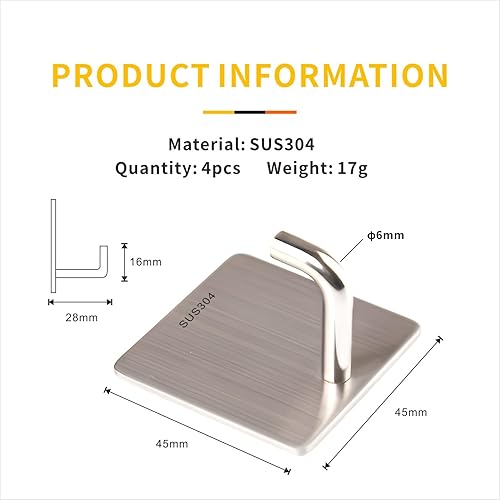 wilcractk Crochet Mural Sans Percer Adhésif – Patère en Acier Inoxydable Brossé, Accroche Porte Torchons/Serviettes/Manteaux, 4 Pièces Inox, Fixation Solide pour Cuisine Salle de Bain - Nail Gallerys