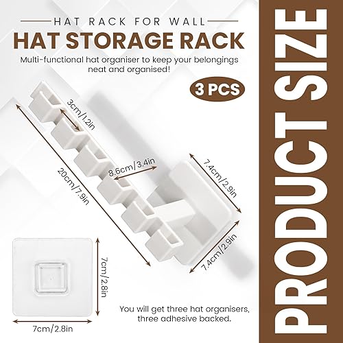 Realand Lot de 3 porte-chapeaux pour casquettes de baseball, organisateur mural avec 18 crochets, support adhésif puissant pour chapeaux, cintre de rangement pour mur, placard, porte - Nail Gallerys