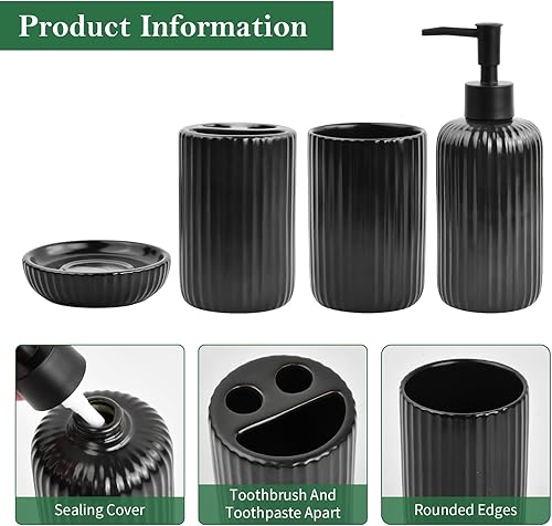 Focenat 4 pièces Accessoires de Salle de Bain en céramique, Porte-Brosse à Dents avec Distributeur de Savon, Gobelet de Salle de Bain, Porte-Savon, Decoration Salle de Bain (Noir) - Nail Gallerys
