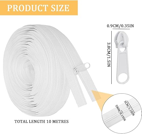 KOZOY Fermeture éclair sans fin avec fermeture éclair - Fermeture éclair sans fin - En métal - Longueur : 10 m - Largeur : 3 cm - En nylon blanc - Avec 10 fermetures éclair - Vendu au mètre - Nail Gallerys