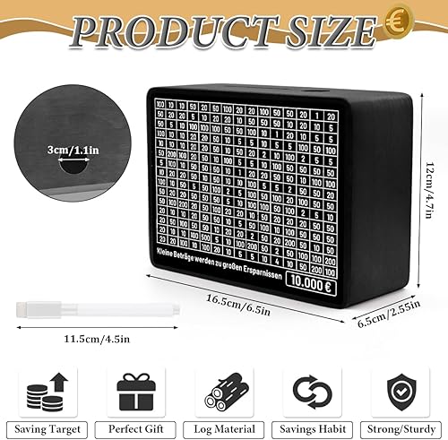 Numérique Tirelire Réutilisable, Tirelire en Bois, Tirelire avec Objectif, Tirelire rétro avec Marqueur, pour Aider Les Enfants à Commencer à Economiser, 500/1000/2000/3000/5000/10000 Euro (Noir) - Nail Gallerys