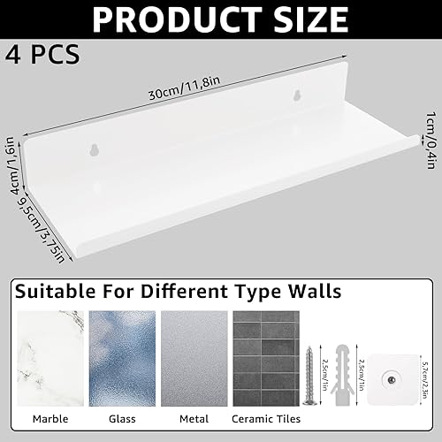 Oungy Lot de 4 Etagere Murale sans Percage 30x10x4cm Etagere Murale Blanche en Métal Etagere sans Percage pour Cuisine, Salle De Bain, Bureau, Salon - Nail Gallerys