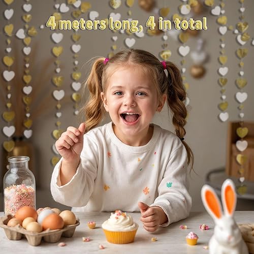 FloraVigo Lot de 4 guirlandes de 4 m en forme de cœur dorées, décorations de mariage, guirlande en papier à suspendre pour anniversaire, mariage, fiançailles, anniversaire, décorations de fête - Nail Gallerys