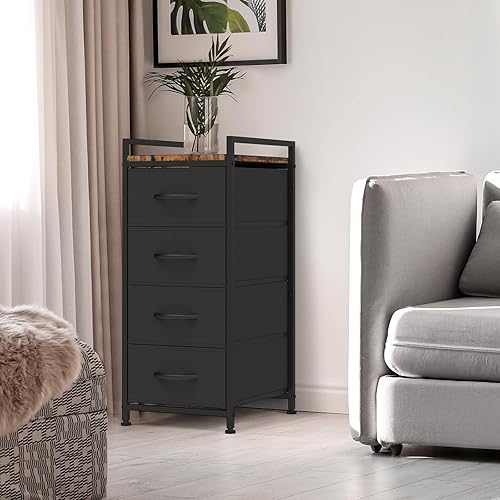 Meuble de Rangement pour Chambre à Coucher à 4 tiroirs en Tissu à Tirer, Cadre en Acier Robuste et Dessus Bois Table de Chevet Commode étroite avec roulettes pour Salon 39L x 29l x 74.5H cm - Nail Gallerys