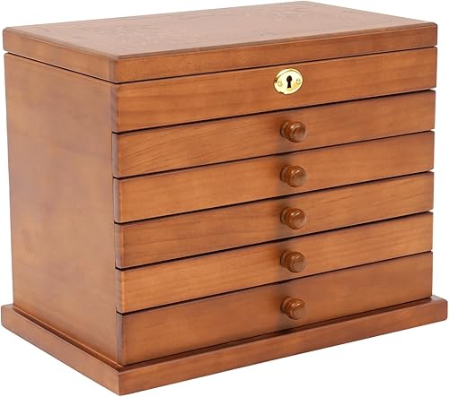 Boîte à bijoux rectangulaire en bois à 6 couches - Style vintage - Avec miroir et verrouillage de sécurité - Pour pendentifs, bracelets, broches, colliers, bagues, boucles d'oreilles - Nail Gallerys