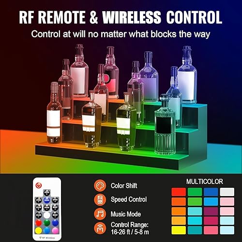 Étagère à 3 niveaux avec éclairage LED pour bouteilles d'alcool, 36,8 x 27 x 23 cm, éclairage USB, 24 bouteilles avec télécommande RF, 7 couleurs statiques - Nail Gallerys