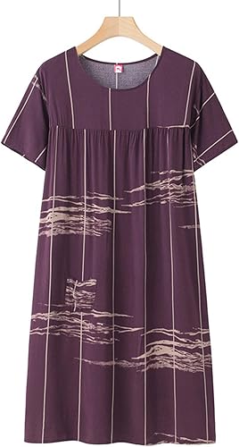 Chemise de nuit à manches courtes en coton pour femme - Col rond - Robe de plage - Pour les personnes âgées - Douce - Nuisette d'été - Lounge - Chemise de nuit d'été ample - Nail Gallerys