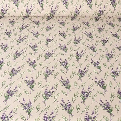 Craftine Tissu Toile de Coton Aspect Lin Lavande sur Fond Naturel - par 50 cm - Nail Gallerys