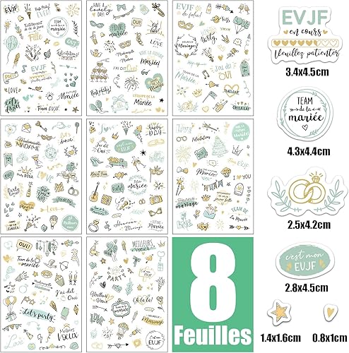 8 Feuilles 300pcs EVJF Autocollants Sticker Mariage Scrapbooking Future Mariée en Français forme Ballon Cœur Fleur Ange Décoration Album Photo Livre D'Or Cadeau pour Fête Enterrement de Vie de Jeune - Nail Gallerys
