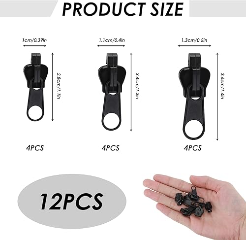 Lot de 12 curseurs de rechange pour fermeture éclair - 3 tailles - Noir - Durable et facile à utiliser - Pour vestes, manteaux, valises, sacs à dos - Nail Gallerys