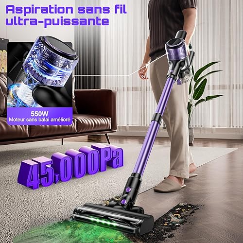 SUXIANGVAC Aspirateur Balai sans Fil 45kPa/500W/45min, Aspirateur sans Fil Puissant avec 3 Niveaux de Puissance, LED Display, Brosse Anti-Enchevêtrement pour Sols, Tapis et Voiture - Violet - Nail Gallerys