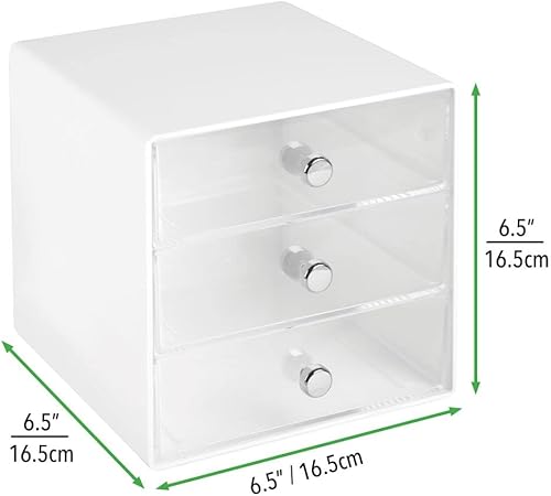 mDesign organiseur de bureau en plastique résistant – tour de rangement pratique avec 3 tiroirs pour trier le maquillage – boite de rangement plastique chic avec poignées chromées – blanc/transparent - Nail Gallerys