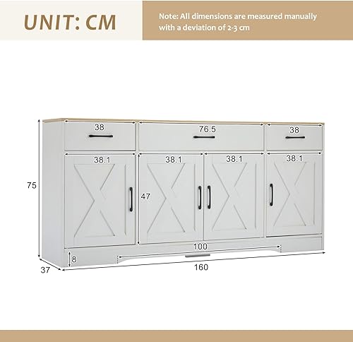 entapuk Buffet Blanc Moderne（160 * 37 * 75 Cm）, Armoire en Bois Multifonctionnelle, Quatre Portes, Trois Tiroirs, Armoire De Salle À Manger De Salon, - Nail Gallerys