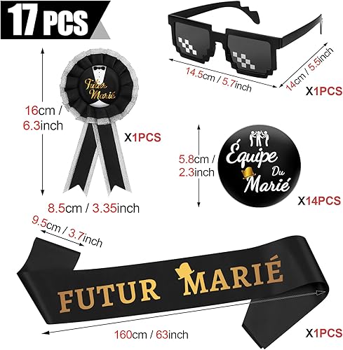 Annhao 17 PCS Décoration EVG Enterrement de Vie de Garçon EVG Homme Accessoire Mariage Badge Futur Marié Écharpe Futur Marié et 14pcs Badges Équipe du Marié Lunettes de Soleil pour Mariage Fiançailles - Nail Gallerys