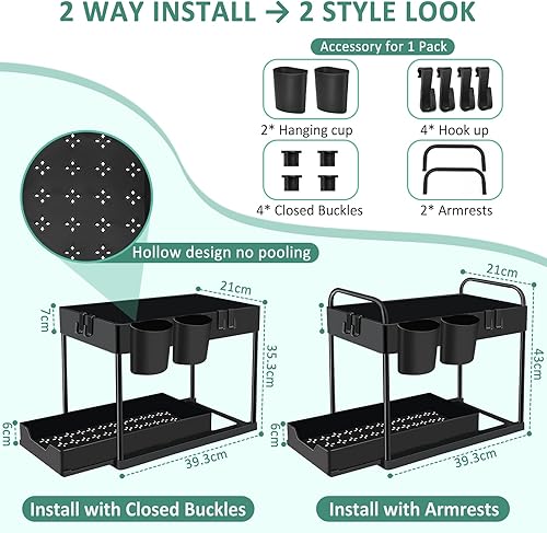 HABOWN Étagère sous Évier à 2 Niveaux, Organiseur de Cuisine avec 4 Crochets et 2 Gobelet Suspendu, Rangement Placard Organisation Salle de Bain Tiroir, Noir - Nail Gallerys