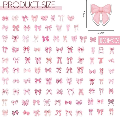 LunarCharm Lot de 100 autocollants en forme de nœud rose vintage - En vinyle imperméable - Pour bouteille d'eau, ordinateur portable, téléphone, journal - Nail Gallerys