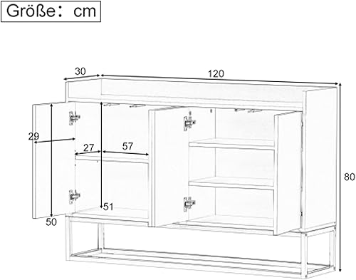DULRLLY Buffet Bas Cuisine, Meuble de Cuisine Rangement avec 4 Portes et Étagère Réglable, Armoire Cuisine Rangement avec Pieds en Métal Doré, Buffet Cuisine Moderne, 120 x 30 x 80 cm (Blanc) - Nail Gallerys