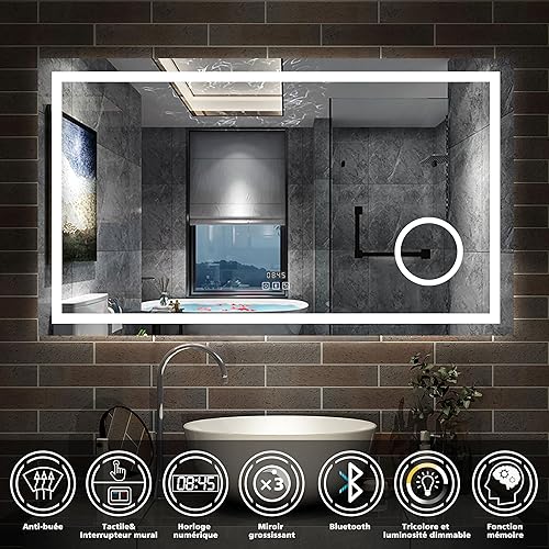 AICA Miroir de Salle de Bain LED avec Bluetooth 100x60cm, Miroir Lumineux avec Horloge + 3 Couleurs + Dimmable + Anti-buée + Grossissant 3X,Miroir Mural Interrupteur Tactile Étanche - Nail Gallerys