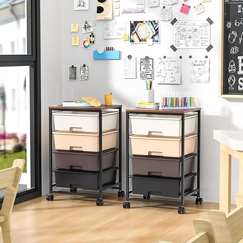 SYKIARIOL Chariot de rangement à 4 tiroirs sur roulettes avec plateau de table en bois, pour cuisine, salon, chambre à coucher, mouvement facile, grande capacité, 4 tiroirs, marron - Nail Gallerys