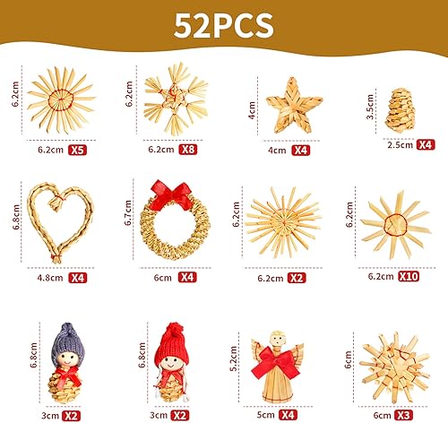 52 pièces Paille Etoile Objets de Décoration Noël Deco Kit,​Personnalisé Naturelle Suspension Ange de Noel pour Sapin, guirlandes, Fête de Noël - Nail Gallerys