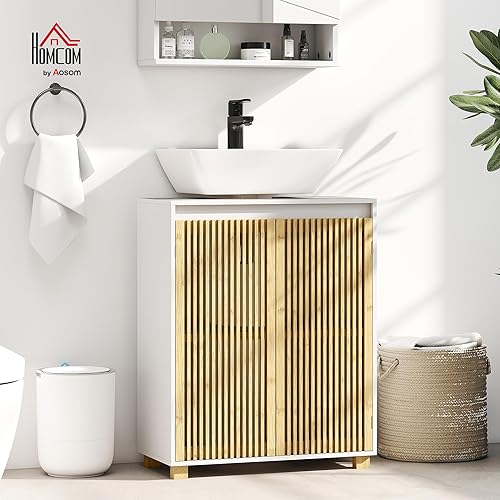 HOMCOM Meuble sous lavabo Salle de Bain Meuble sous Vasque Armoire de Rangement pour lavabo - Placard à Portes à Lattes en Bambou, 60 x 30 x 75 cm, Effet Bois Naturel - Nail Gallerys