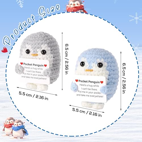 TOYMIS 2 Pièces Câlin de Pingouin de Poche, 6,5cm Pingouin Positif Tricoté avec Carte d'Encouragement Pingouin Positif Poupée Crochet pour Amis Famille Anniversaire Cadeau Décoration (Gris, Bleu) - Nail Gallerys