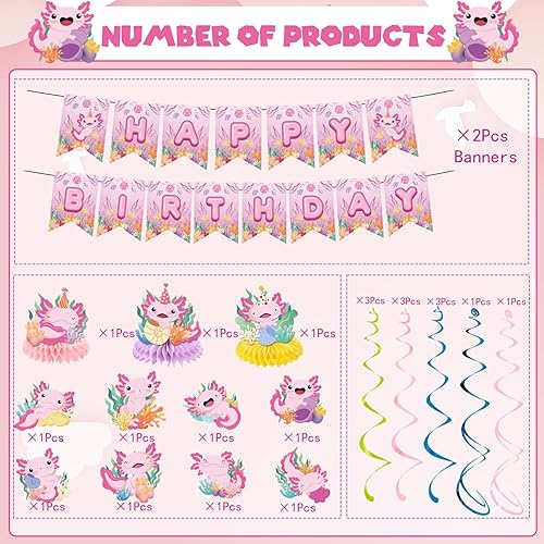 Axolotl Ensemble de décorations de fête d'anniversaire – 15 pièces roses – Bannière « Happy Birthday » à suspendre, tourbillons à suspendre, animaux mignons, centre de table, centres de table pour - Nail Gallerys