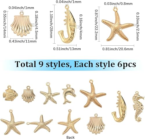 SUNNYCLUE 1 boîte de 54 breloques en Plaqué Or 9 carats 18 styles en Forme D'Animaux Marins de Coquillages de Dauphins D'Étoiles de Mer de Conques de Poissons de Vie Estivale pour la Fabrication de Bi - Nail Gallerys
