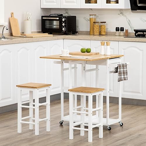 HOMCOM Ensemble Table de Bar Chariot de Cuisine Table de Cuisine Pliante roulettes + 2 tabourets Blanc et Bois Clair - 2 tiroirs et Porte-torchons - Nail Gallerys