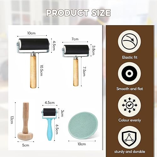 Lot de 3 rouleaux de brayer en caoutchouc pour travaux manuels, rouleau encreur avec rouleau en forme de champignon et plaque de pression en plastique pour la gravure et les loisirs créatifs (3,5 cm/6 - Nail Gallerys