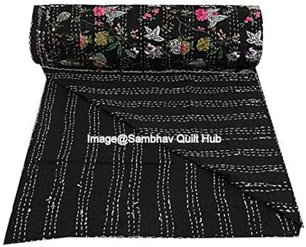 Couvre-lit réversible en pur coton style Kantha imprimé floral et oiseau - Pour lit king/lit jumeau - Noir - 274 x 274 cm - Nail Gallerys