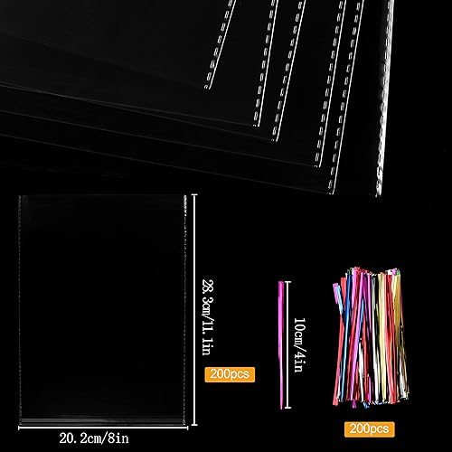 Sac Plastique Transparent 200pcs Sac OPP 20x28cm Sachet Bonbon en Cellophane Sachet Transparent Cadeau avec 200 Liens Torsadés pour Biscuit Bonbons Perles Bijoux Chocolats Cadeau - Nail Gallerys