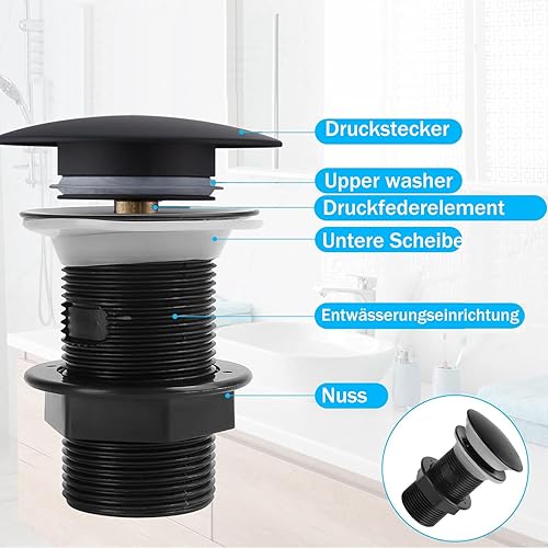 Sumeber Bonde universelle avec bonde pop-up pour lavabo et lavabo - Noir, laiton (noir, pas de trou de trop-plein) - Nail Gallerys