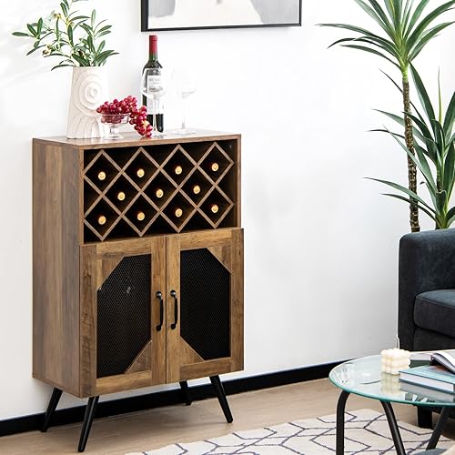Giantex Meuble de Bar à Vin, Buffet Industriel avec Casier à Vin Amovible et Porte-Verre Intégré, Meuble de Rangement en Bois pour Salle à Manger, Salon, Cuisine, Marron Rustique - Nail Gallerys