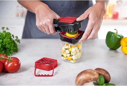 Genius A27165 Nicer Dicer Quick XXL Set de 7 pièces Le hachoir avec 3 lames interchangeables et un bac de récupération de 320 ml en format main | 30 dés ou 10 disques en un clic en acier inoxydable - Nail Gallerys