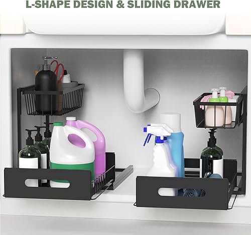 Aoresac Lot de 2 Rangement Sous Évier, Métal Organisateur sous Evier Tiroir Coulissant à Extraction 2 Étages Forme en L, Rangement Et Organisation de Cuisine (Noir) - Nail Gallerys