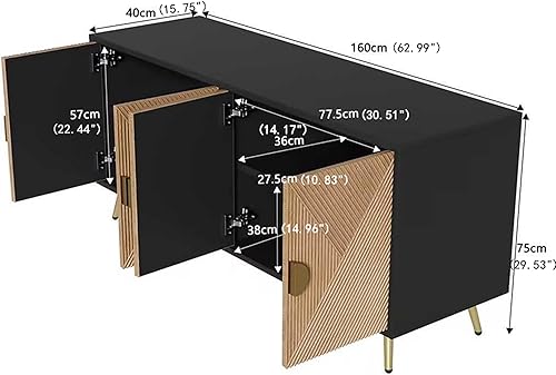 WASAGA Buffet avec Texture en Relief 160 cm, Armoire avec Quatre Portes Poignées Brossées Dorées et Pieds de Table Brillants (Noir + Bois) - Nail Gallerys