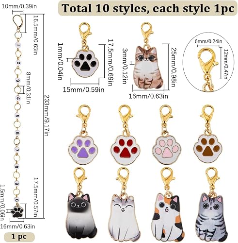 SUNNYCLUE 11 pièces Marqueurs de Point Chat Marqueurs de Crochet Mignon Empreinte de Patte Breloques en Émail Or Tricot Rangée Compteur Chaînes Fermoir Mousqueton Verrouillage Marqueur de Point en Mét - Nail Gallerys