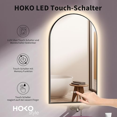 HOKO® Miroir arqué LED Anti-buée 50x90/90x50cm (Vertical/Horizontal) avec Cadre Noir. Miroir pour Salle de Bain avec Interrupteur Tactile et Variation de lumière de 2700-6500k Chaud-Froid-Neutre - Nail Gallerys