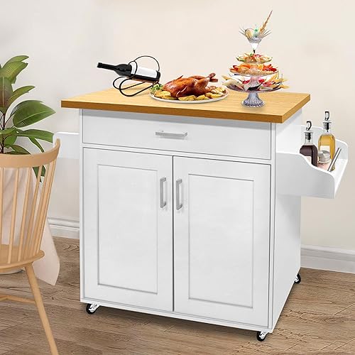 JOIEYOU Armoire de cuisine avec plan de travail, îlot de cuisine, chariot de service avec roulettes – Couleur bois blanc, 115 x 36 x 90 cm - Nail Gallerys