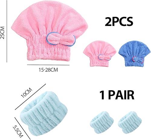MEMOFYND 2 Serviettes À Cheveux,2 Dragonnes pour Laver Le Visage,Une Serviette À Cheveux en Microfibre,Un Bonnet pour Sécher Les Cheveux,Une Serviette À Cheveux À Séchage Rapide (Bleu, Rose) - Nail Gallerys