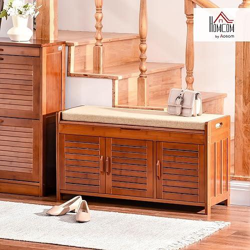HOMCOM Banc à Chaussures Meuble à Chaussures Banc d'entrée de Rangement en Bambou avec 3 placards, Coussin d'assise et Compartiment caché, pour Couloir, Chambre, 89,6 x 32 x 49 cm, Marron - Nail Gallerys
