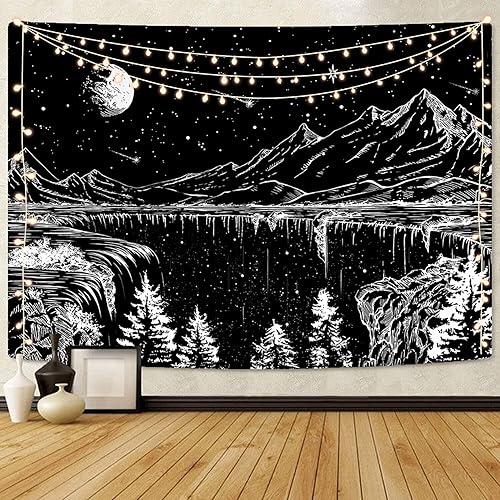 Simpkeely Tapisserie Noire et Blanche avec Nuit Étoilée, Montagnes, Lune et Étoiles pour Chambre et Salon – 130 x 150 cm - Nail Gallerys