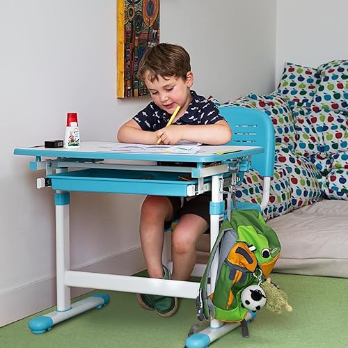 Oneconcept Tommi - Set Bureau pour Enfant, Ergonomique composé d’Un Bureau et d’Une Chaise, Hauteur Ajustable, Plaque de Table inclinable : Angle d’Inclinaison réglable Librement, Blue - Nail Gallerys