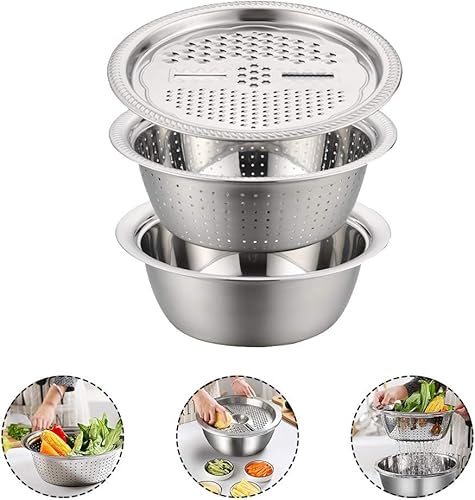 BSTCAR Passoire avec Bol INOX Râpe INOX, Passoire de Cuisine Saladier Métal Bol INOX Râpe INOX de Préparation Design Ustensile de Cuisine Lot de 3, Chevauchement,Diamètre de 28cm - Nail Gallerys