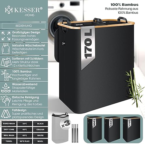KESSER® Panier à linge pliable avec couvercle - 2 compartiments - 170 l - Panier à linge avec 3 sacs à linge amovibles - Avec instructions de lavage - Noir - Nail Gallerys