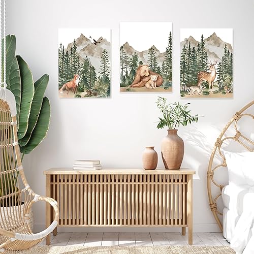 Lot de 3 Affiches d'art Mural sur Les Animaux de la Chambre d'Enfants, Impression de Cerfs, d'Ours et de Renards, Poster Aquarelle Animaux de la Forêt pour Chambre d'Enfant 30x40 cm Sans Cadre - Nail Gallerys