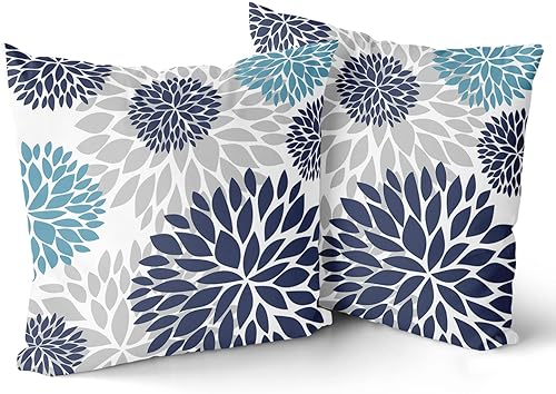 Kawani Lot de 2 housses de coussin bleu marine 45,7 x 45,7 cm avec fleur de dahlia violette turquoise et gris sarcelle - Nail Gallerys
