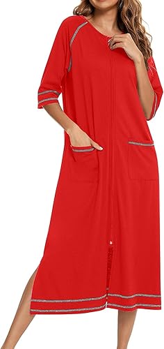 Robe de chambre d'été en coton pour femme - Robe de chambre fine à manches longues - Robe de chambre d'été décontractée et ample - Avec fermeture éclair - Solide - Nail Gallerys